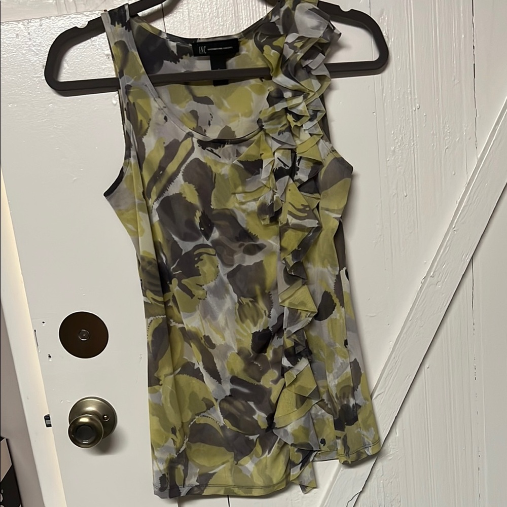 INC International Concepts Gray and Green Ruffled Blouse